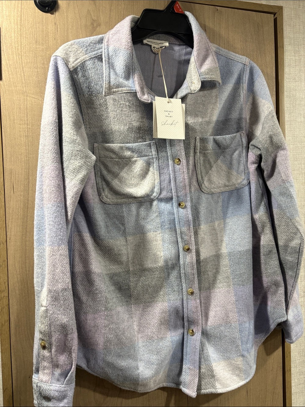 beachlunchlounge Pastel Blue and Gray Plaid Button-Front Shirt Jacket